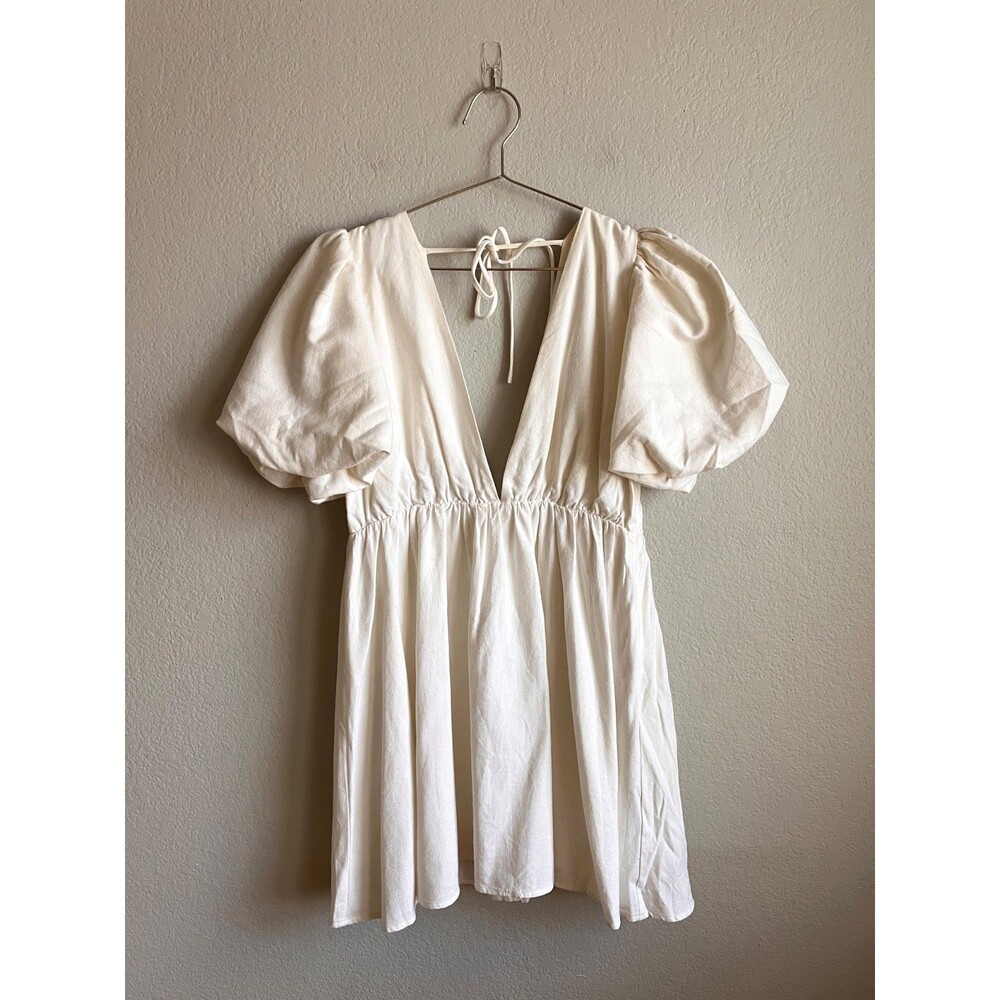 Meshki Myrah Puff Sleeve Linen Mini Dress in White Size LARGE